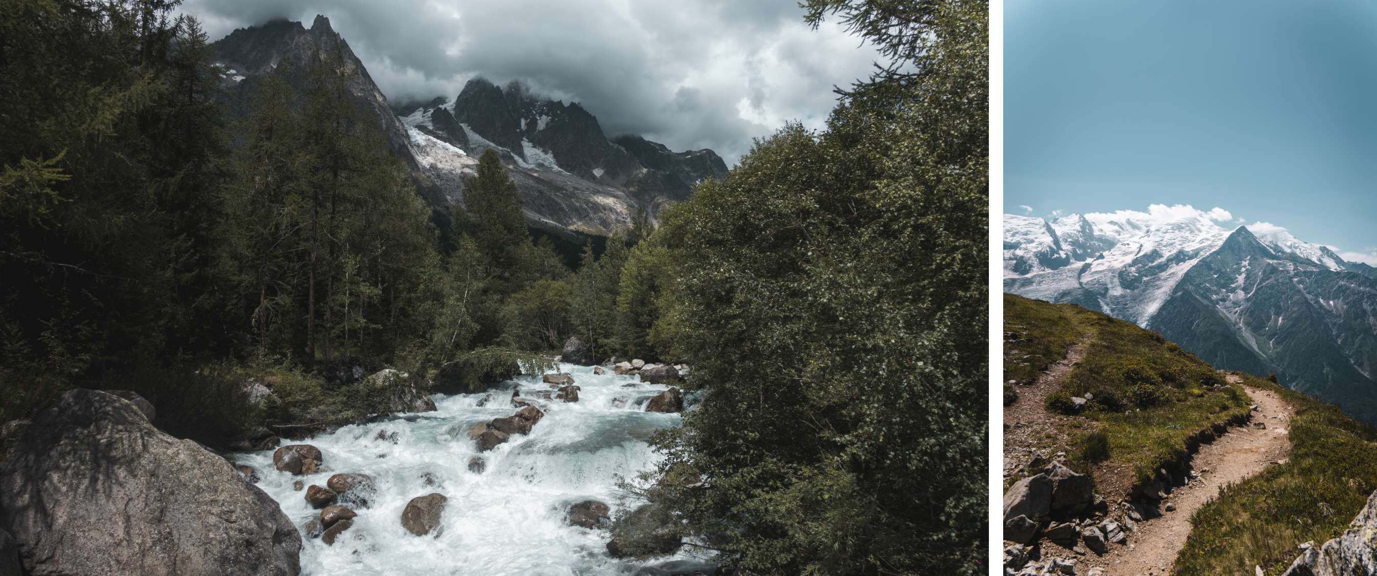 Deux images : rivière de montagne sous nuages sombres et sentier près de sommets enneigés.