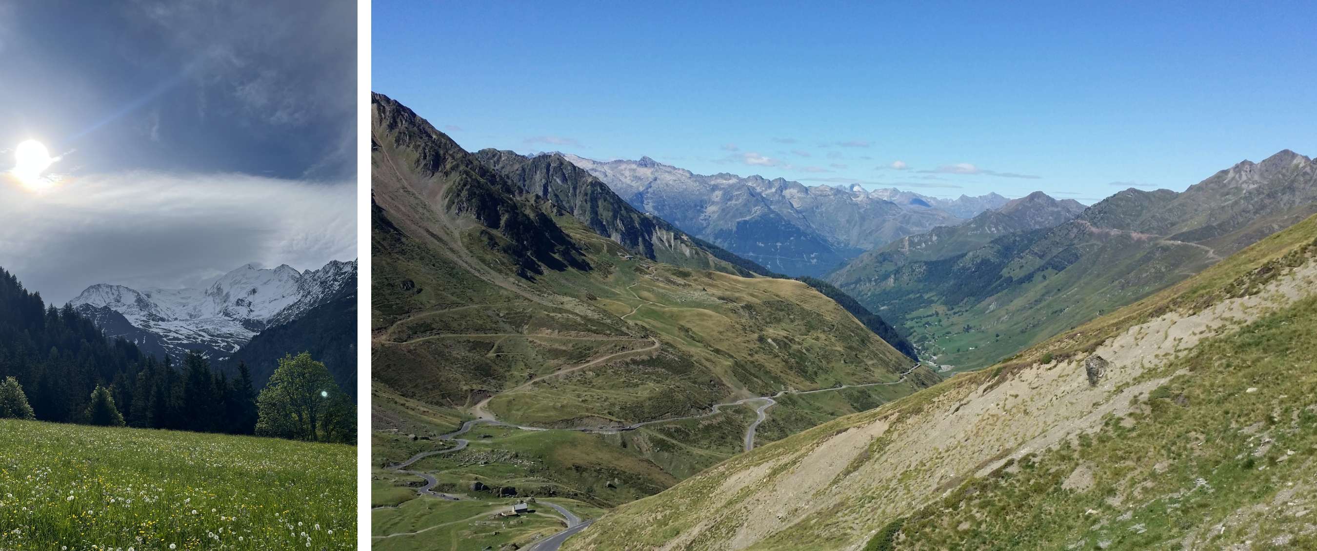 Deux images : paysage de montagne avec soleil vif et panorama sur une route sinueuse.