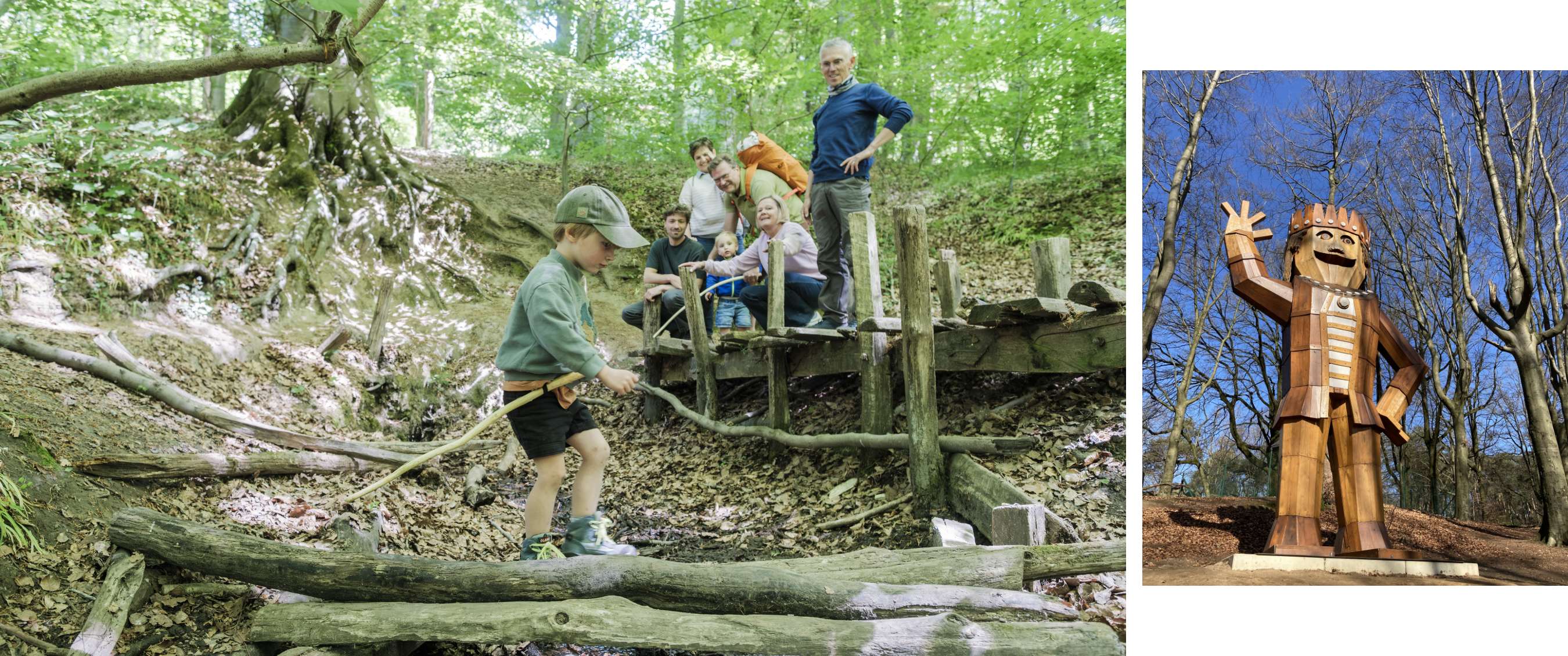 Un enfant avance sur un tronc avec plusieurs personnes sur une plateforme en bois derrière lui.