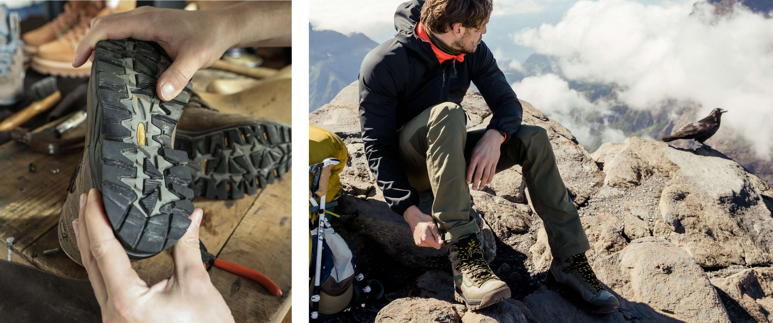 Deux images : Gros plan sur la semelle d’une chaussure de randonnée ; homme assis sur un sommet rocheux en montagne.