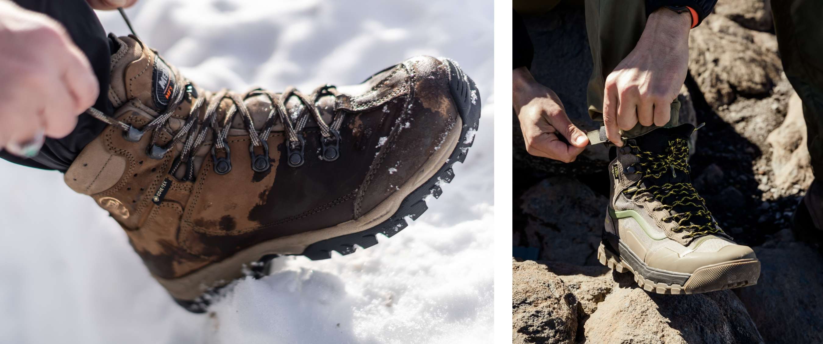 Deux images : Gros plan sur chaussure mouillée dans la neige ; mains serrant les lacets sur rocher.