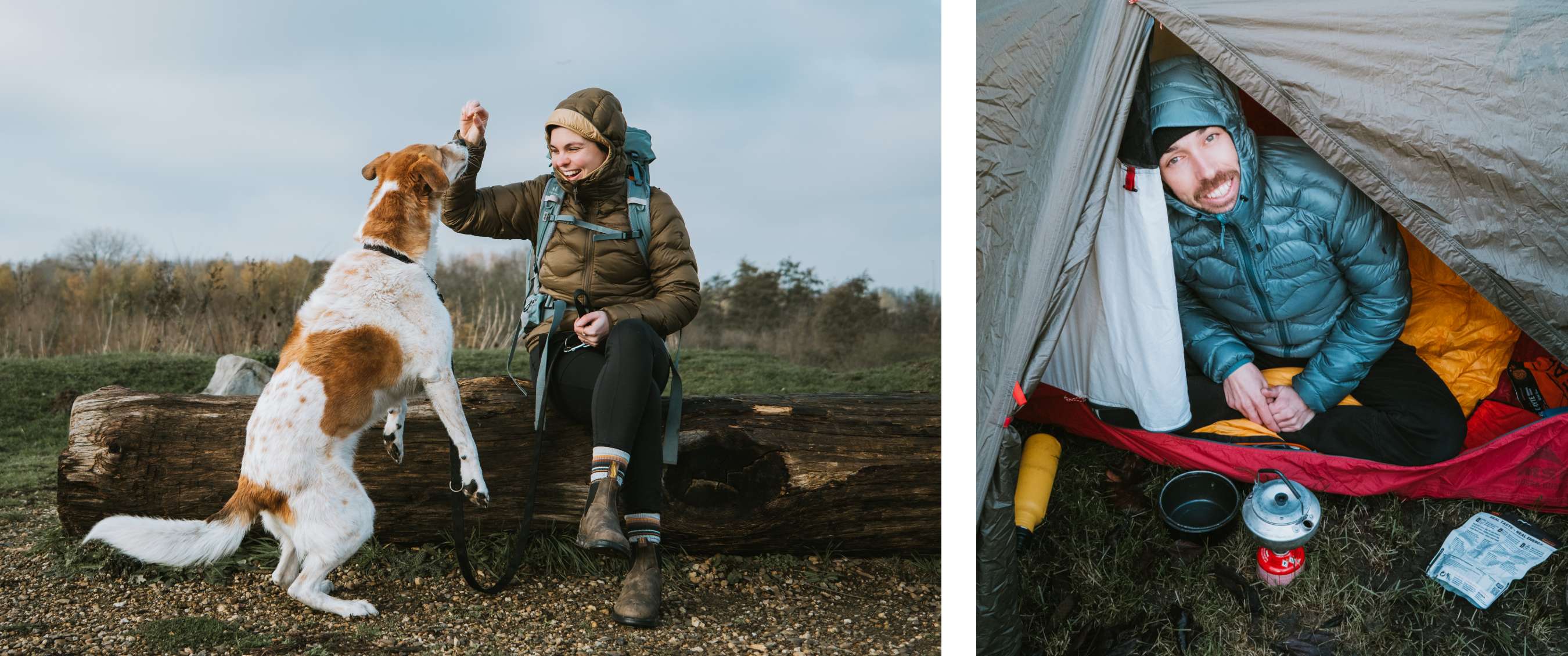 Deux images : personne en doudoune assise sur un tronc joue avec un chien ; personne en doudoune assise dans une tente ouverte avec matériel de cuisine