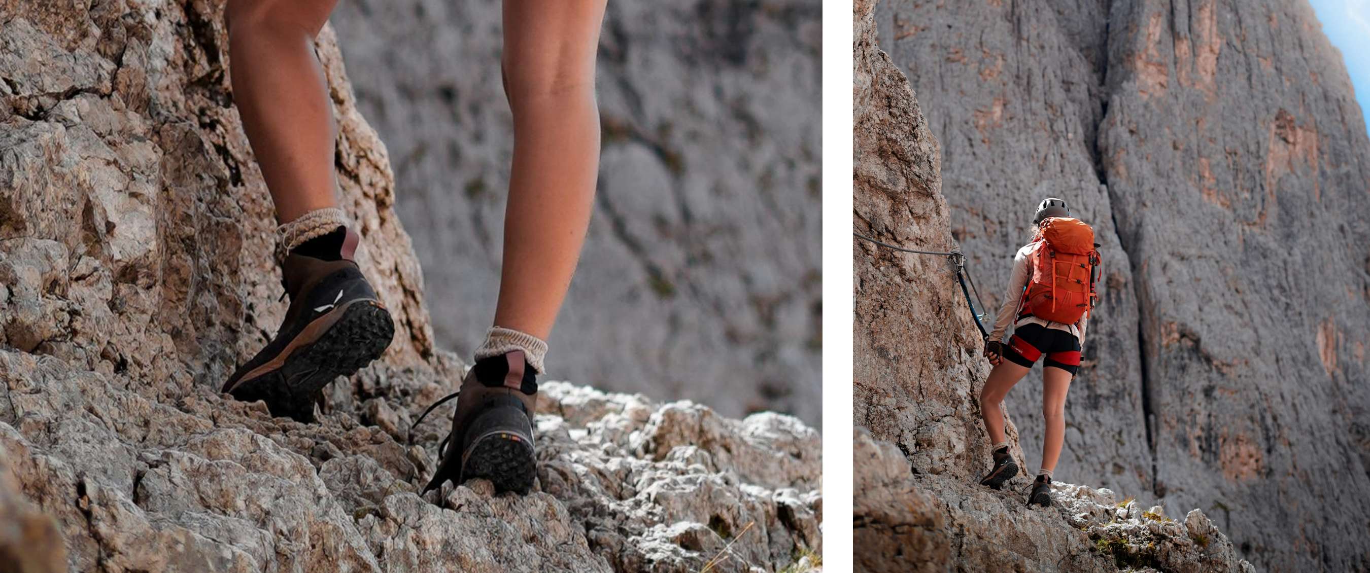 photo gauche : <Gros plan sur des chaussures de randonnée sur un sentier rocheux et escarpé en montagne.>  Photo droite : <Personne portant un casque et un sac à dos orange escaladant une paroi rocheuse équipée dans un passage de montagne raide.>