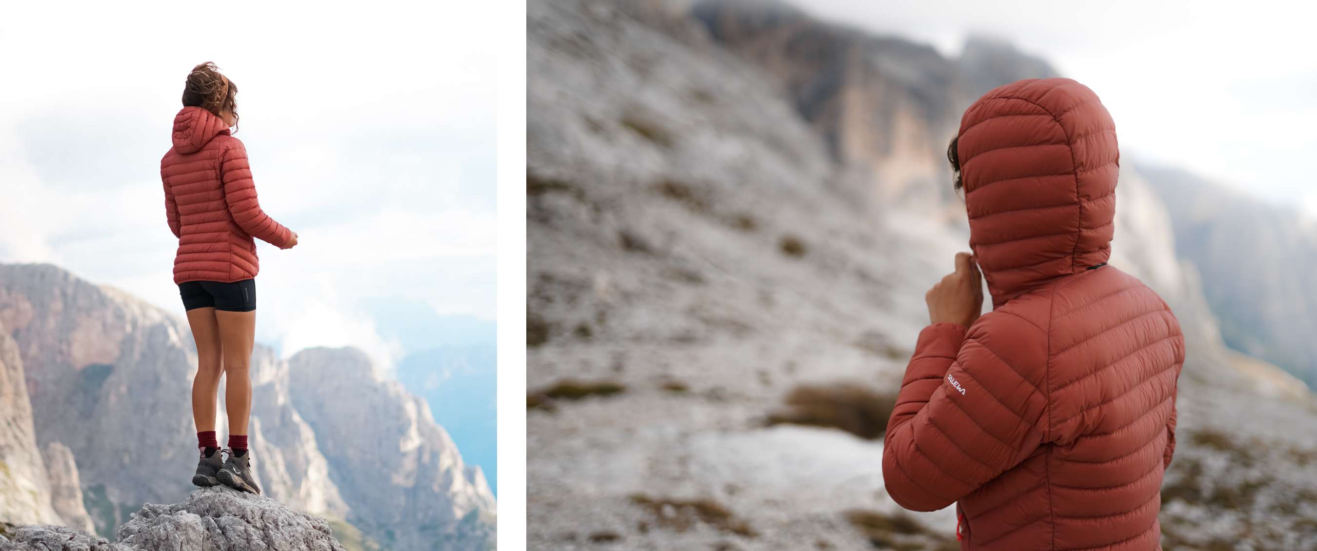 photo gauche : <Personne portant une doudoune rouge et des chaussures de randonnée debout sur un rocher, observant le paysage montagneux.>  Photo droite : <Personne avec la capuche relevée d’une doudoune rouge dans un environnement montagneux à l’arrière-plan brumeux.>