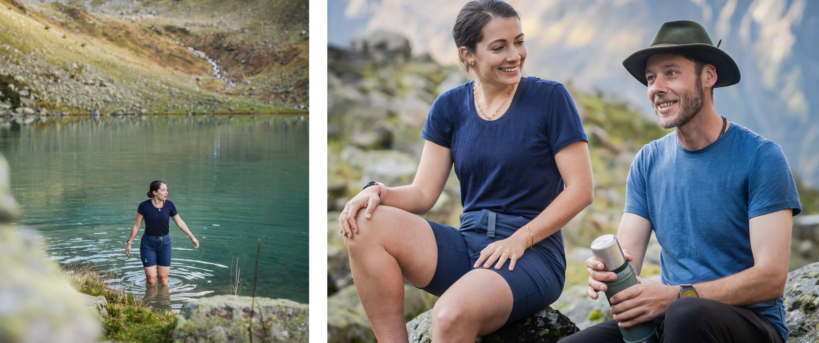 Deux images : une personne dans un lac de montagne ; un homme et une femme se reposent sur un terrain rocheux.