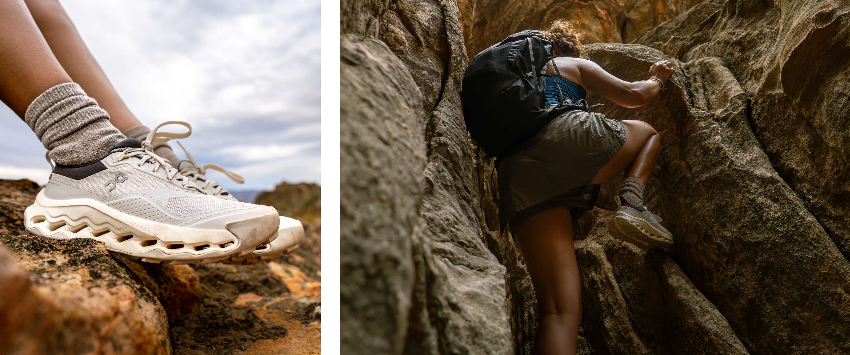Deux images : gros plan sur des chaussures de randonnée claires sur des rochers ; randonneuse avec sac dans une gorge étroite.