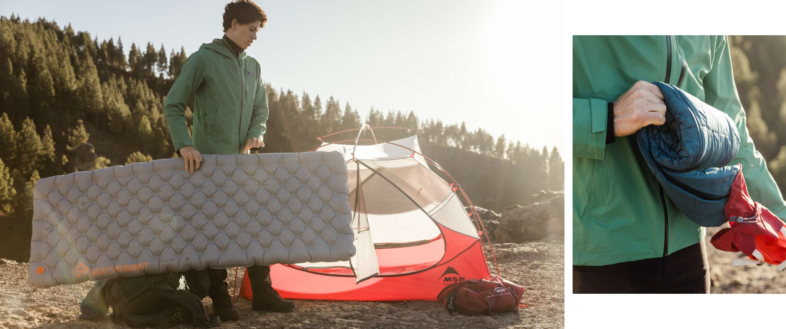 Deux images : équipement de camping léger avec matelas et sac de couchage compact.