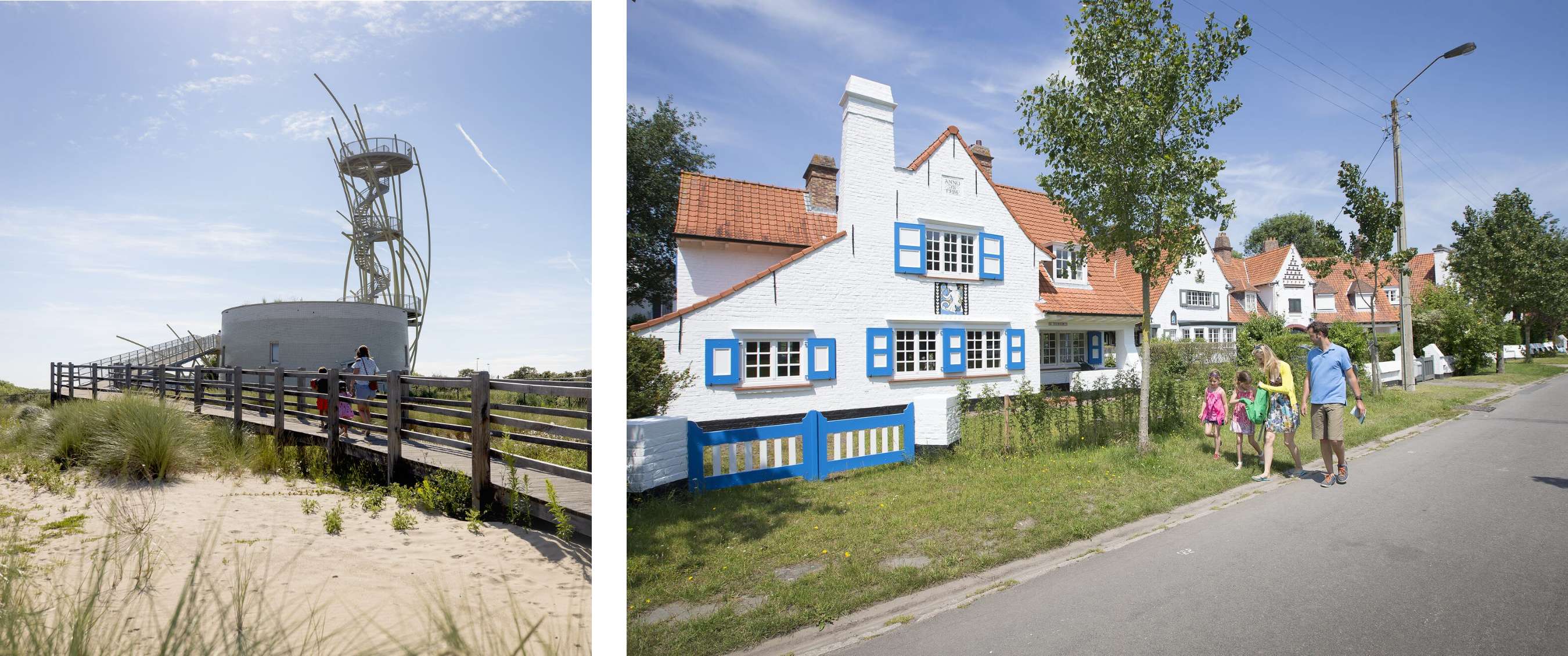 Deux images : passerelle en bois vers une tour d’observation dans les dunes ; famille marchant près de maisons blanches.