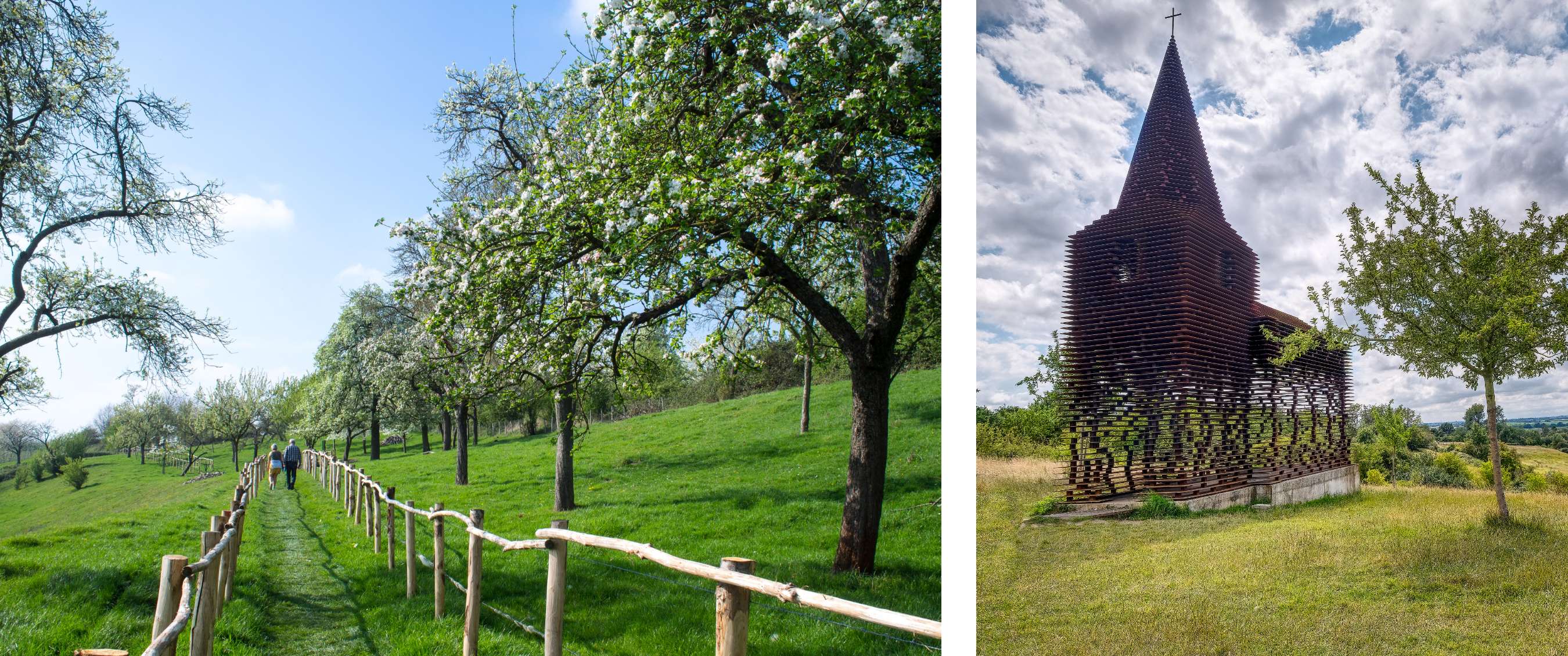 Deux images : sentier le long d’arbres en fleurs ; bâtiment en bois avec flèche et croix.