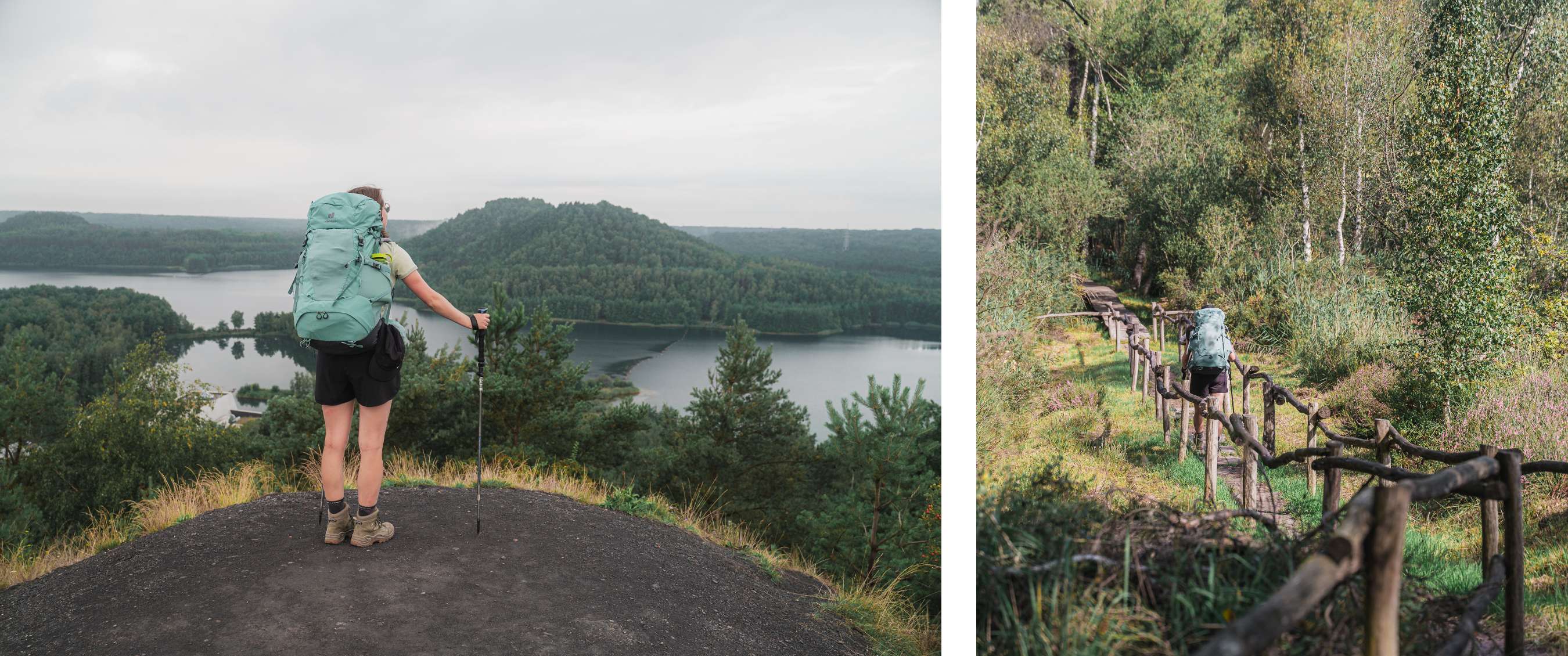 Deux images : randonneur avec sac face à l’eau ; randonneur sur un sentier étroit avec rampe en bois.