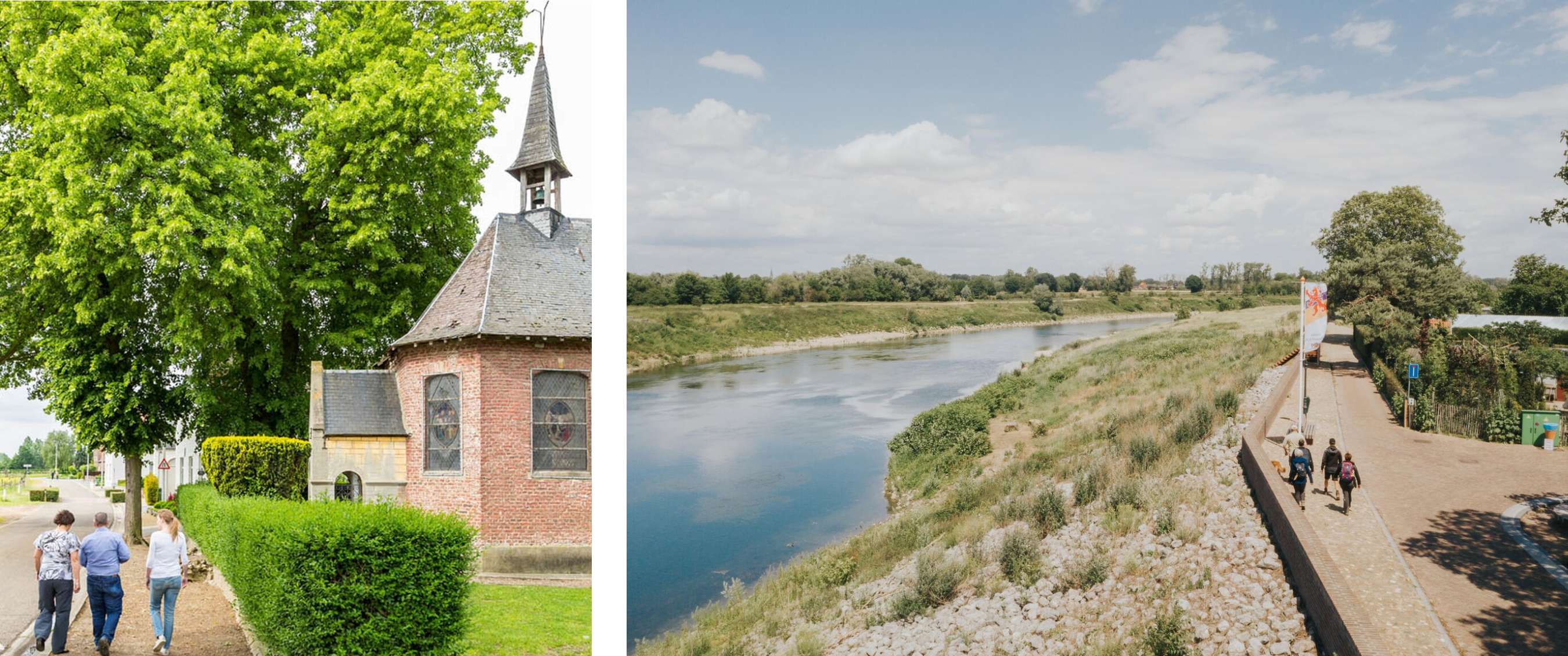 Deux images : trois promeneurs le long d’une chapelle ; promeneurs sur un chemin au bord d’un large fleuve.