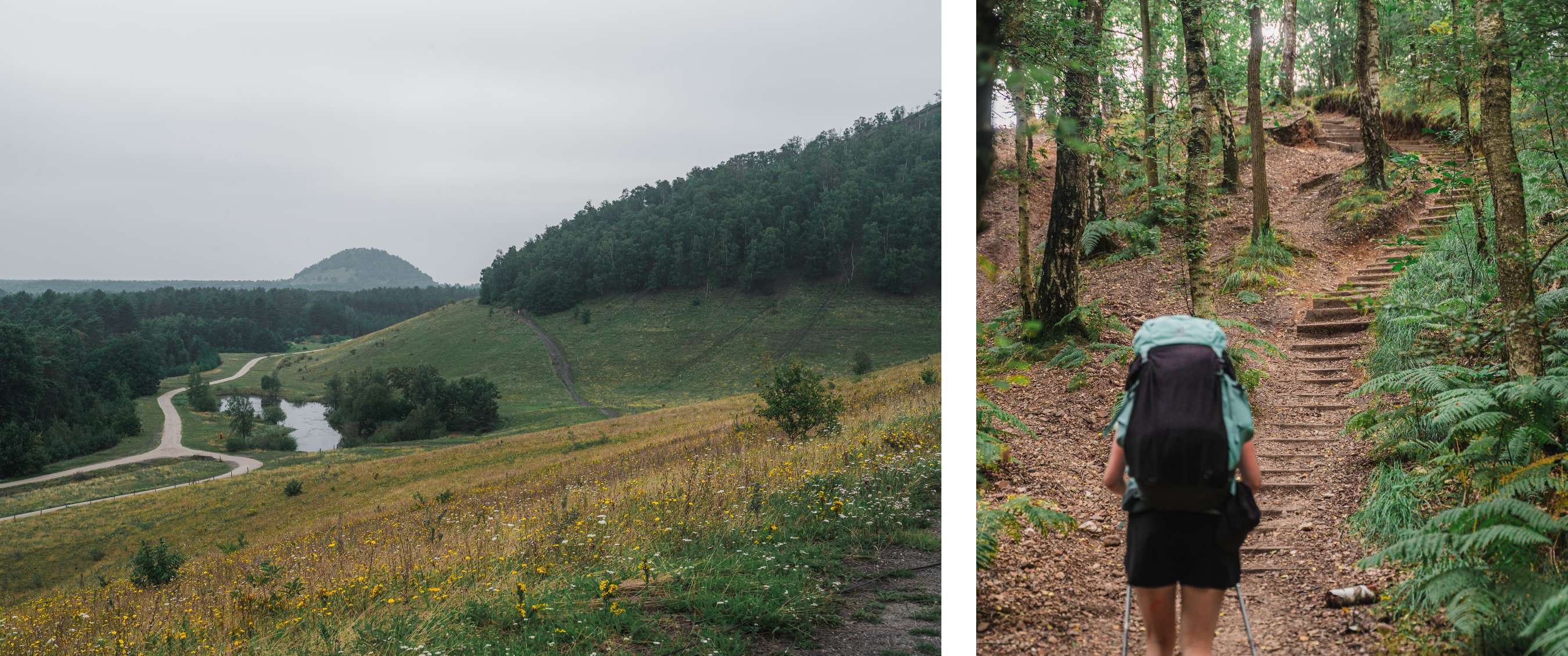Deux images : paysage vallonné avec route et étang ; randonneur avec sac sur des marches en forêt.