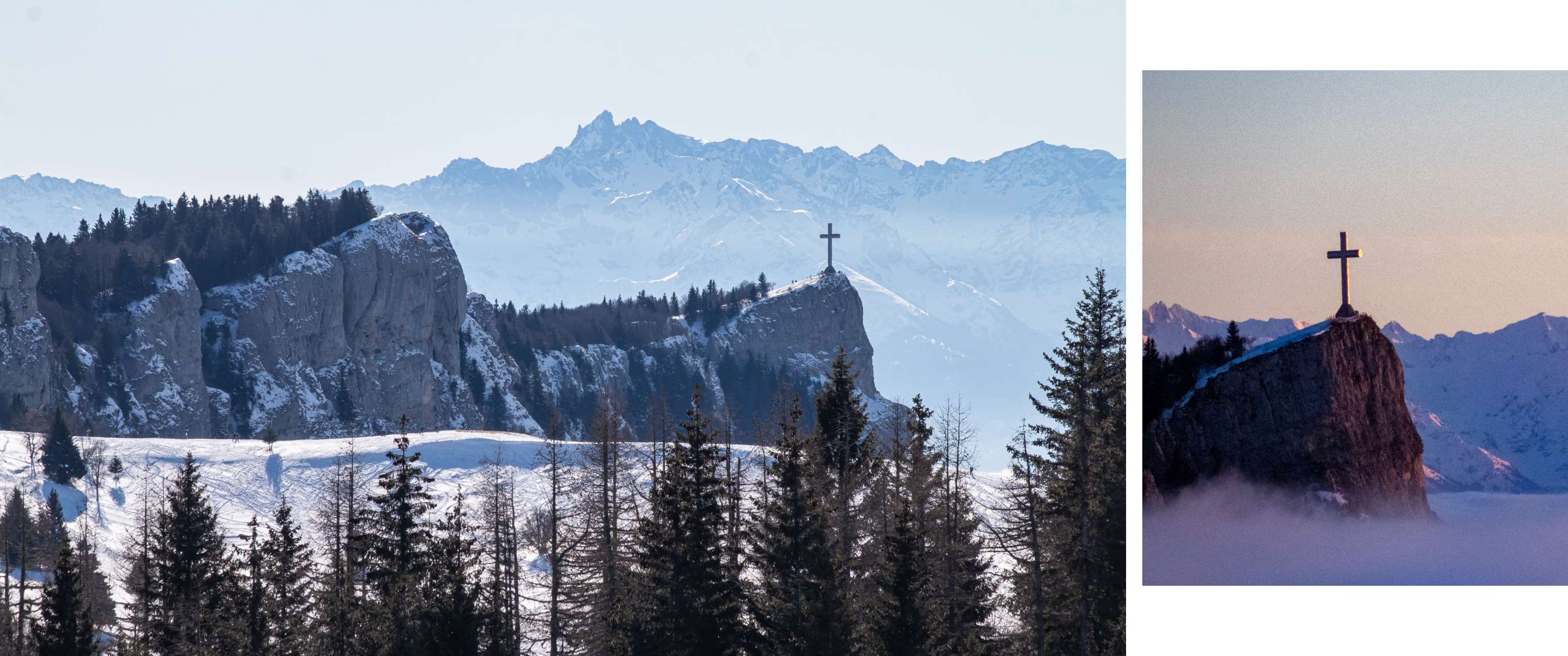 Grande croix sur un rocher enneigé avec des sommets et des sapins à l’arrière-plan.