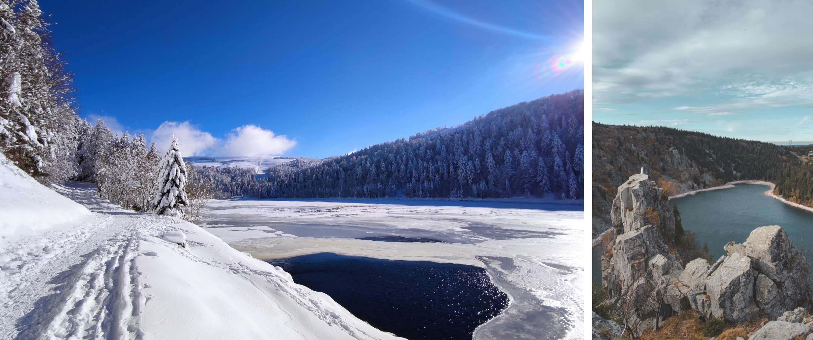 Lac de montagne gelé entouré d’arbres enneigés et de collines sous un ciel bleu.
