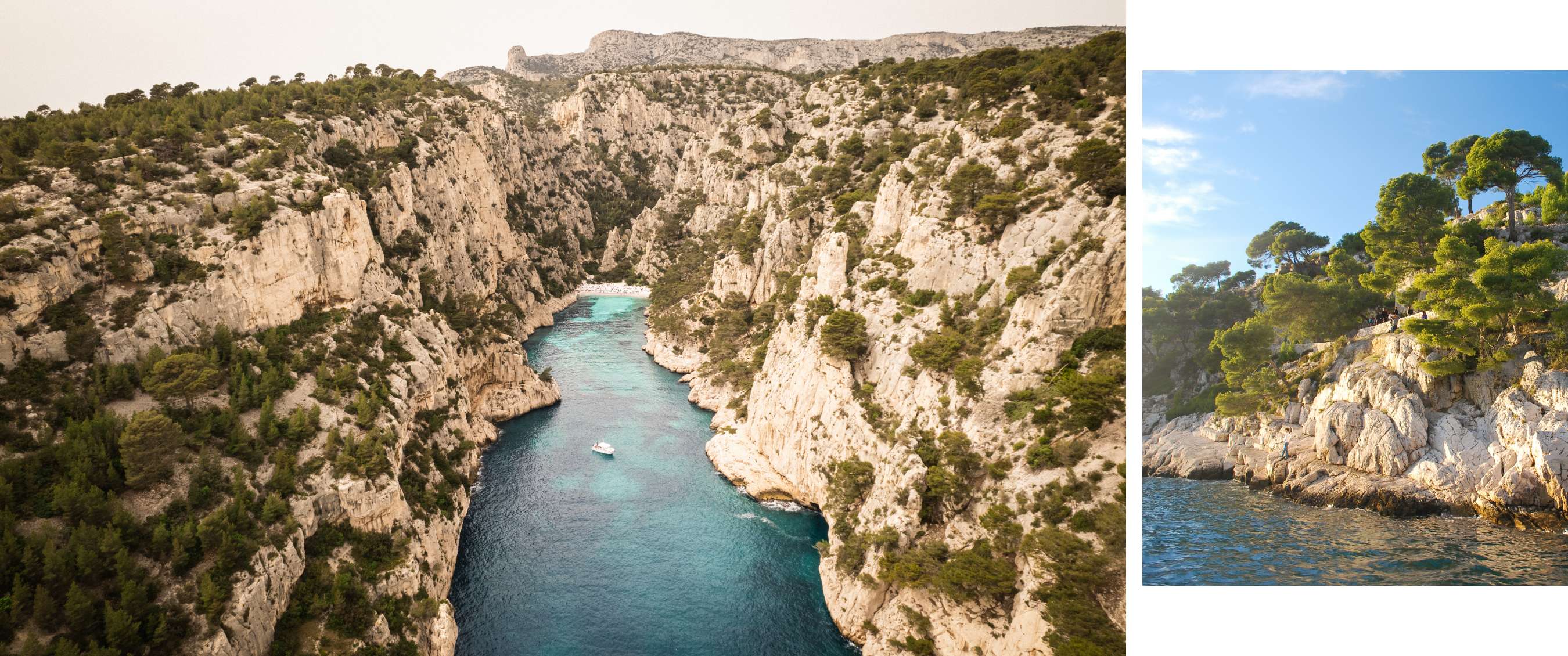 Baie turquoise étroite entre de hautes falaises claires avec un petit bateau sur l’eau.