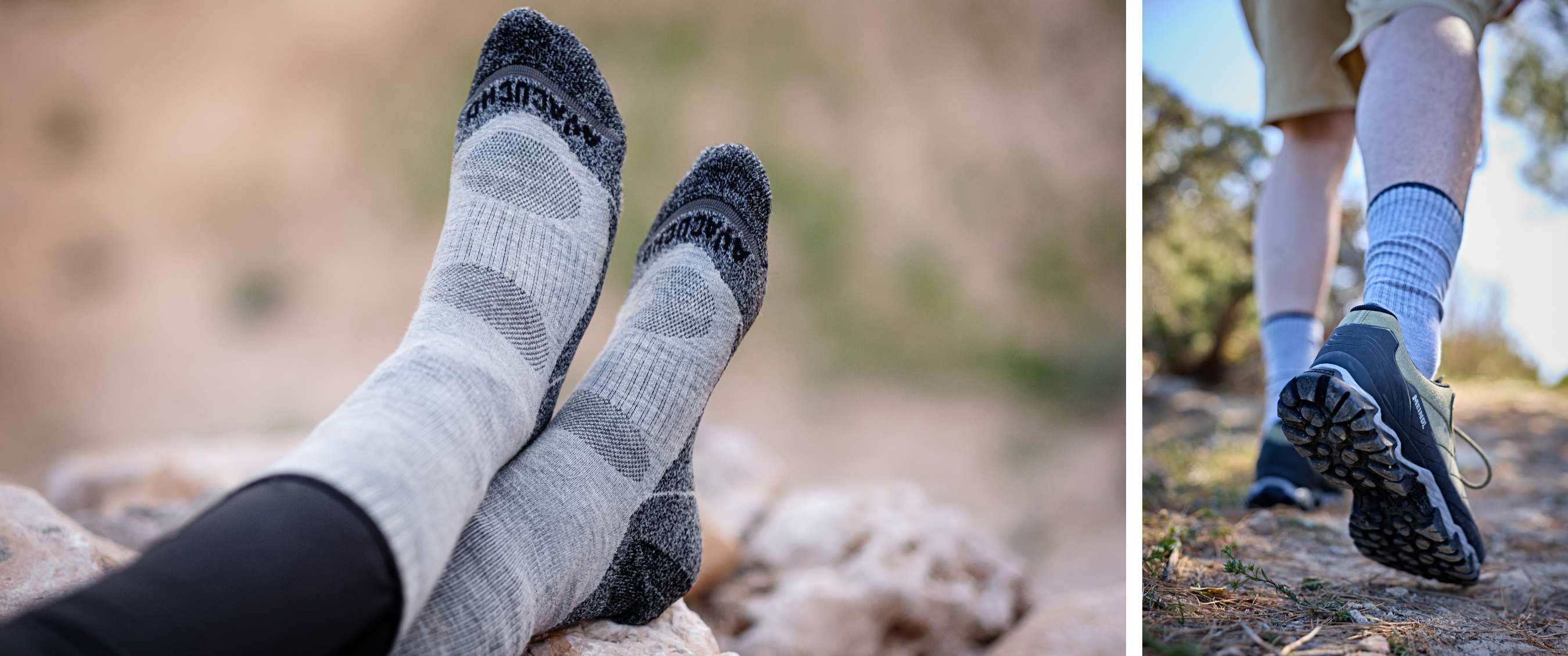 Deux images : détail de chaussettes de randonnée et semelle de chaussure pendant la marche.