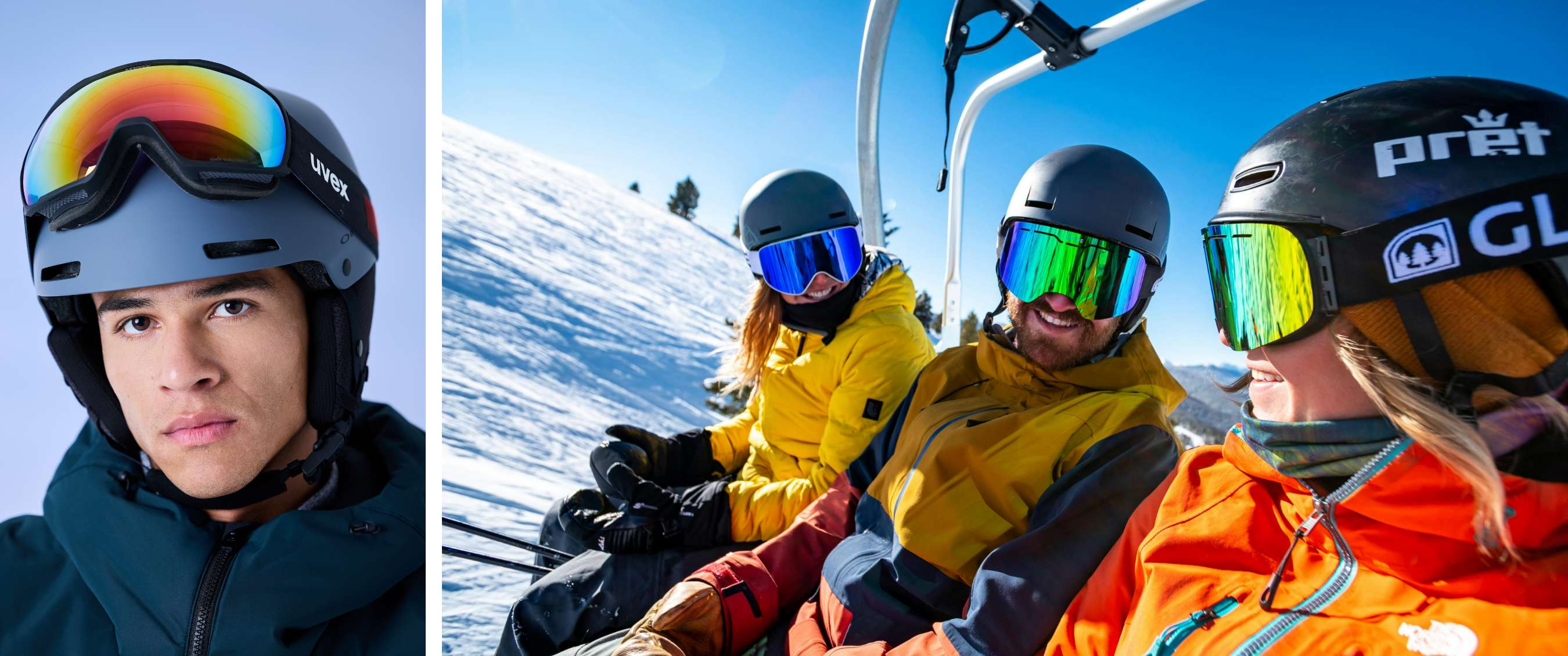 Des personnes en vestes jaunes et orange portent des masques de ski sur un télésiège sous un ciel bleu.
