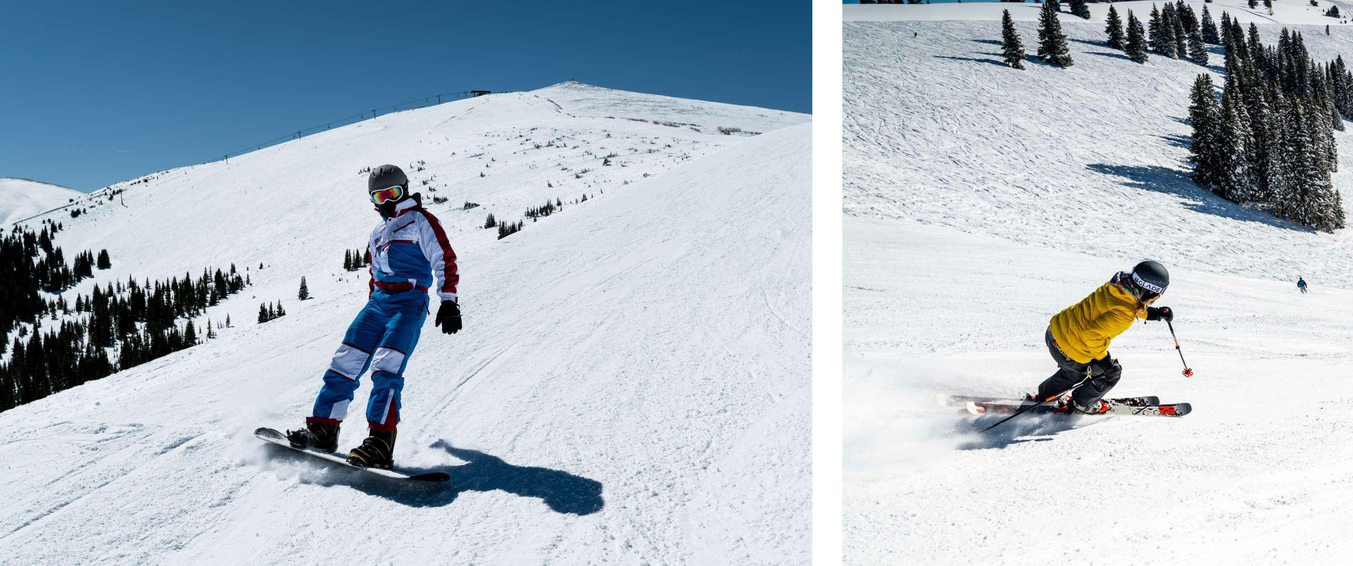 Deux images : snowboardeur descendant une piste enneigée ; skieur prenant un virage sur une pente enneigée