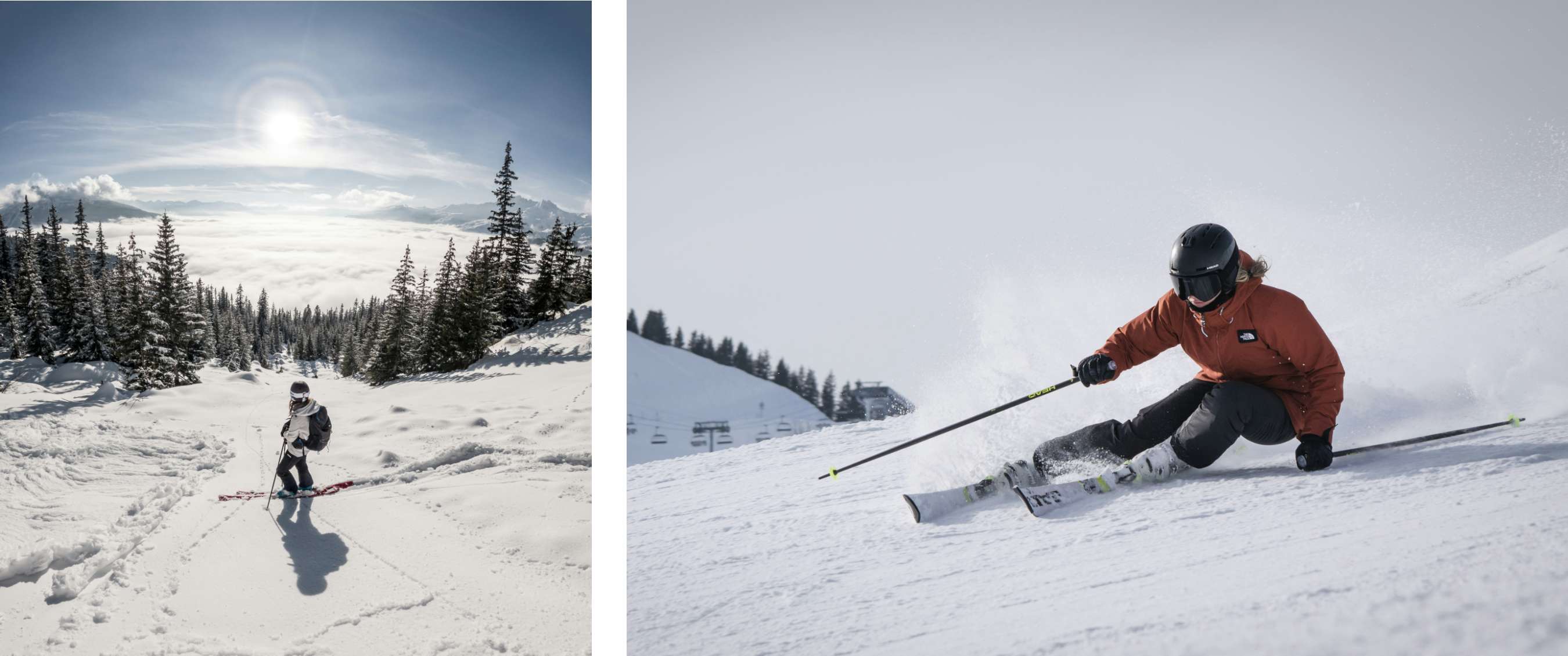 Deux images : skieur à l’arrêt dans un paysage montagneux enneigé avec arbres ; skieur prenant un virage serré sur une piste damée