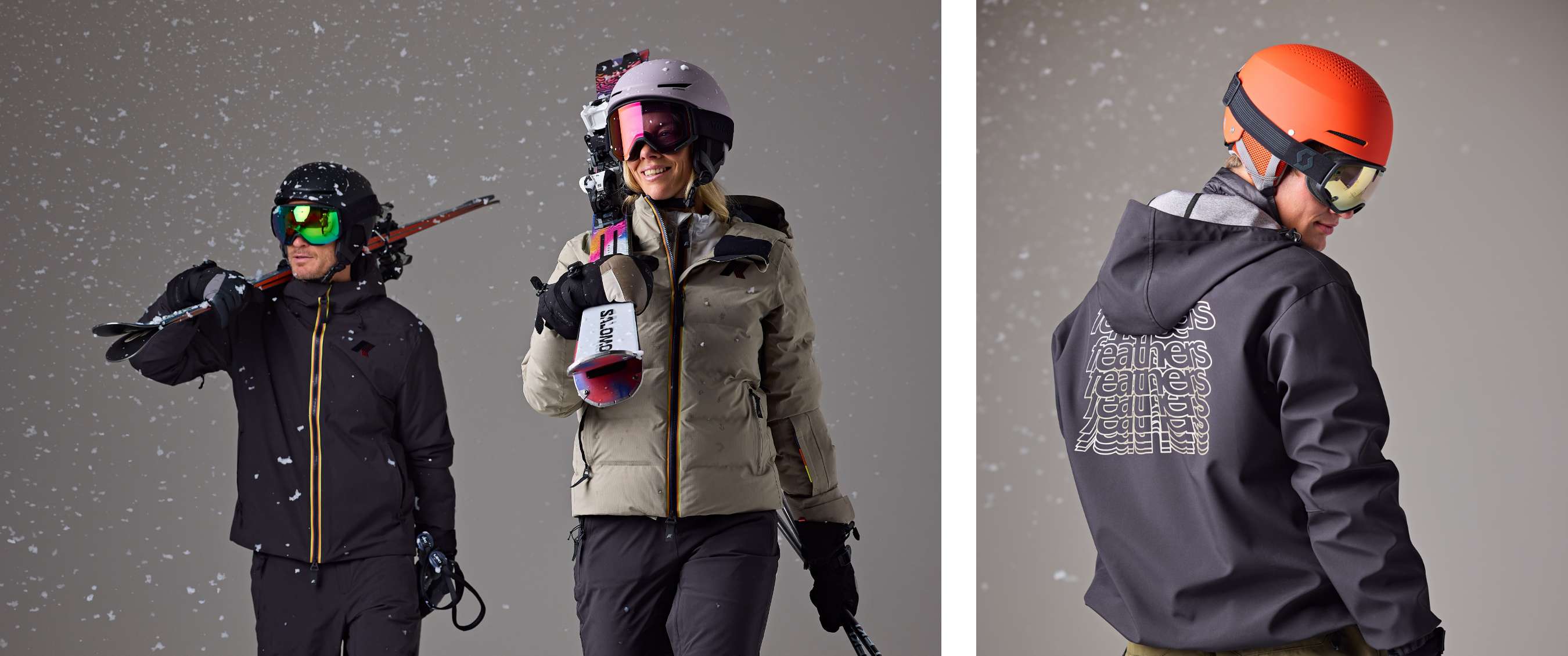 Deux images : Deux personnes marchent avec des skis sur l’épaule. Personne vue de dos avec casque de ski.