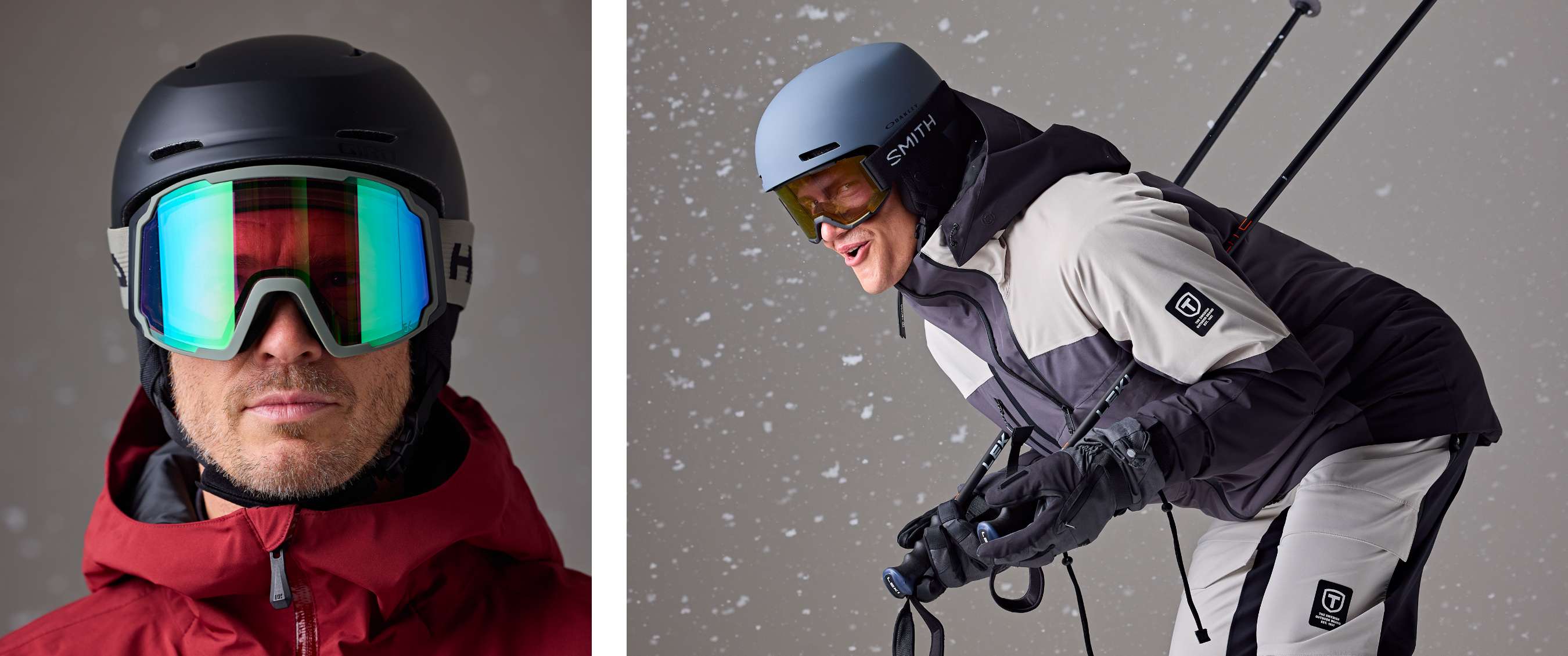 Deux images : Gros plan sur casque et masque de ski. Sportif d’hiver en position de ski.