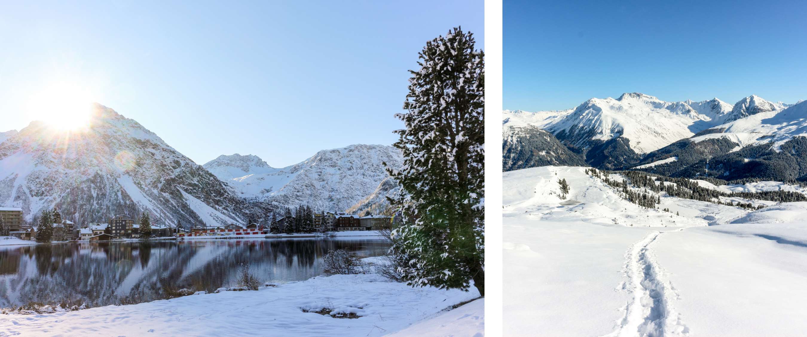 Deux images : Montagnes enneigées et soleil au-dessus d’un lac – Vue sur chaîne montagneuse et traces dans la neige.