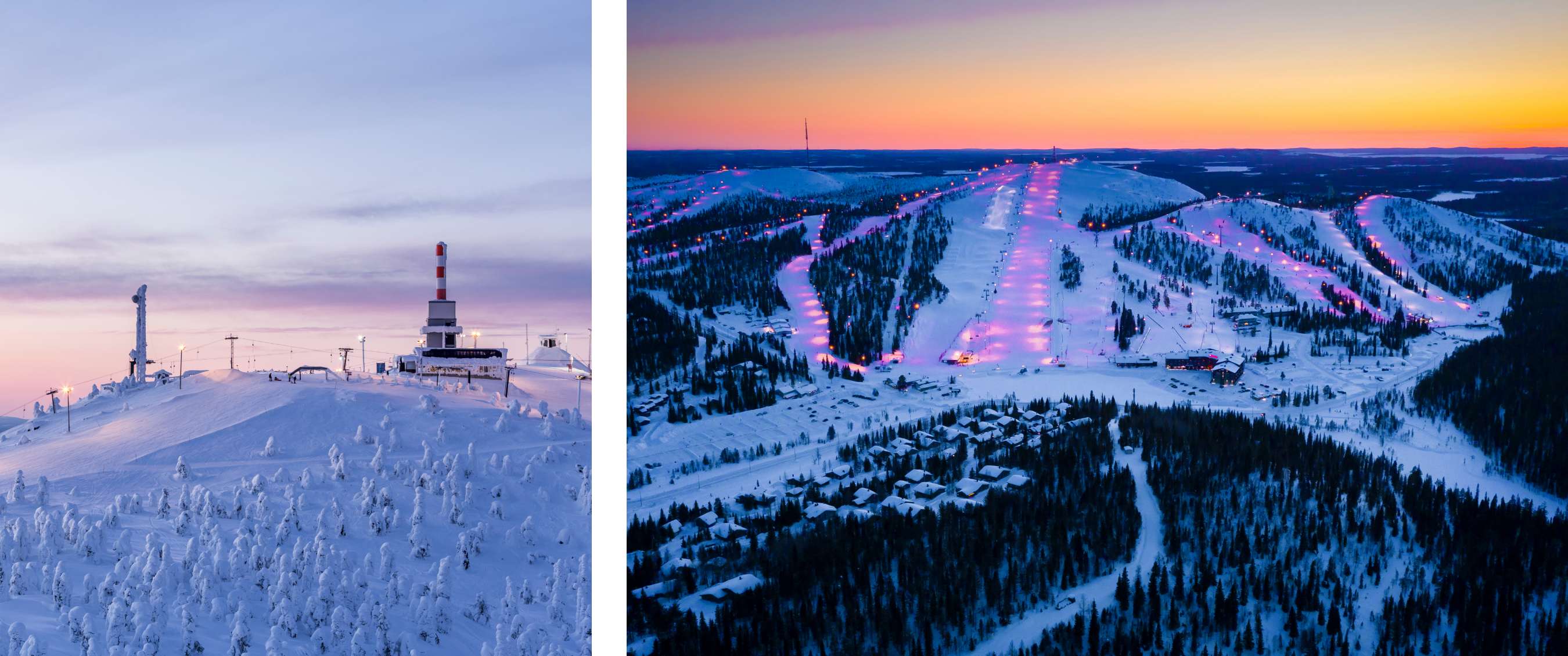 Deux images : Sommet enneigé et antennes sous ciel pastel – Pistes de ski éclairées au coucher du soleil.