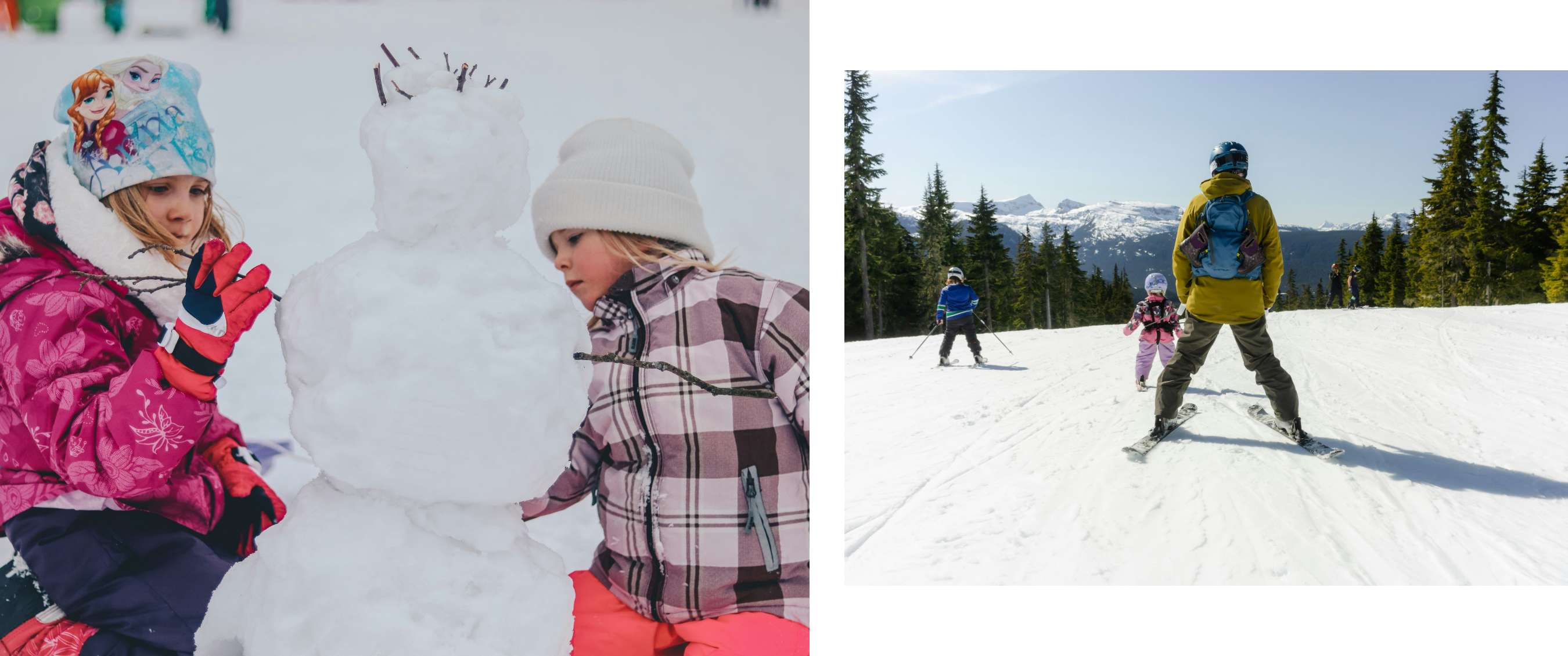 Deux images : Deux enfants construisent un bonhomme de neige. Un adulte skie avec deux enfants sur une piste large.