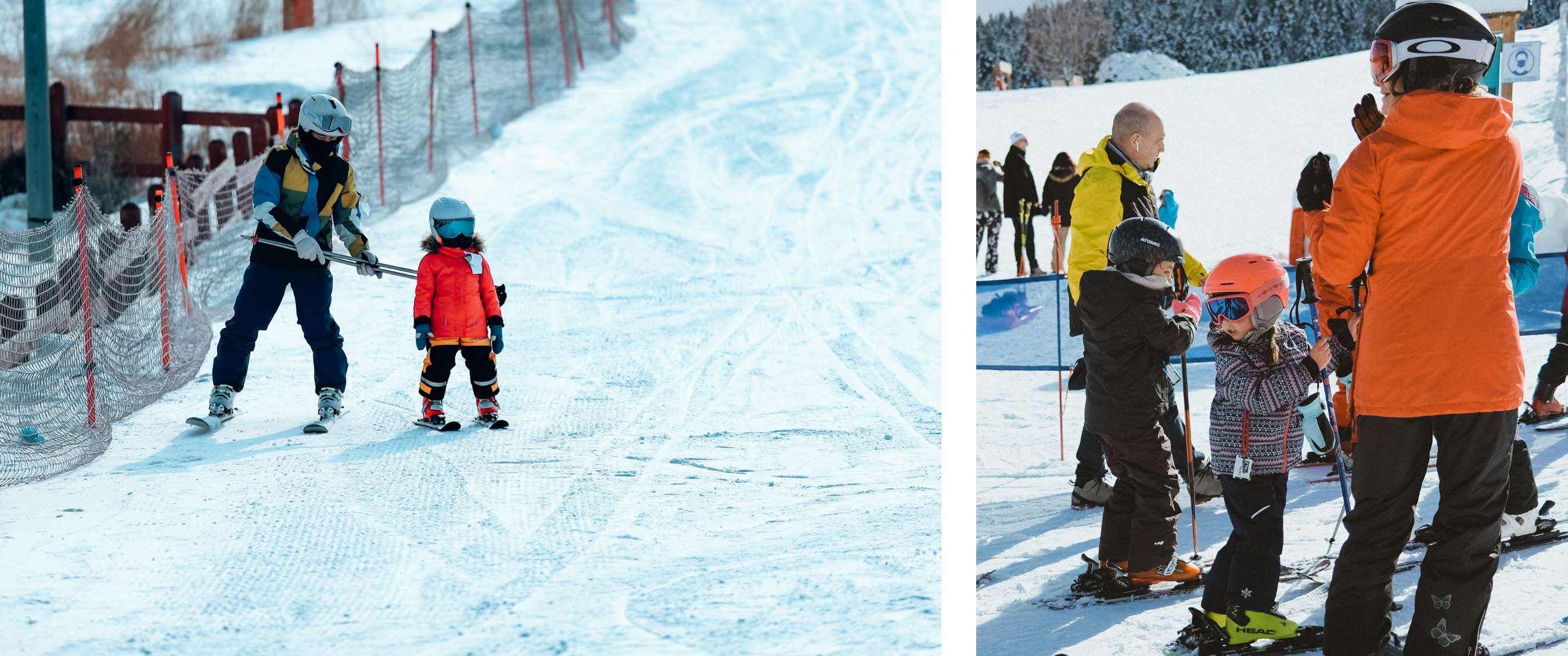Deux images : Un adulte apprend à un enfant à skier près d’un filet. Des enfants sont rassemblés avec leur équipement.