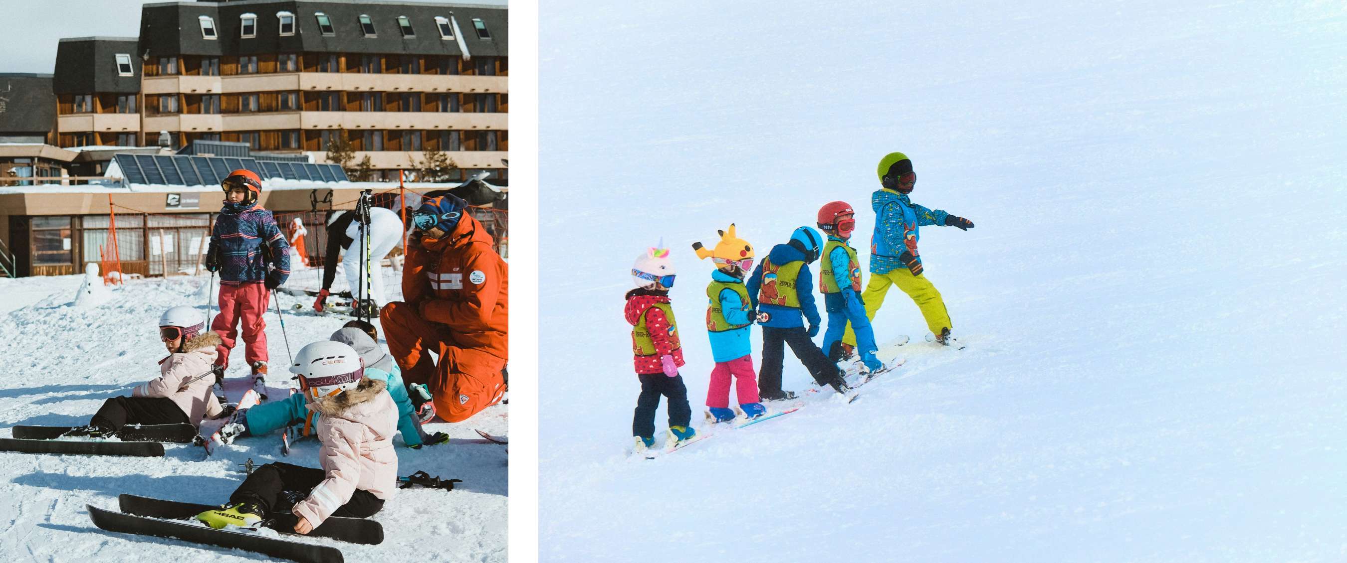 Deux images : Un moniteur aide des enfants assis dans la neige. Un groupe d’enfants monte avec des skis.