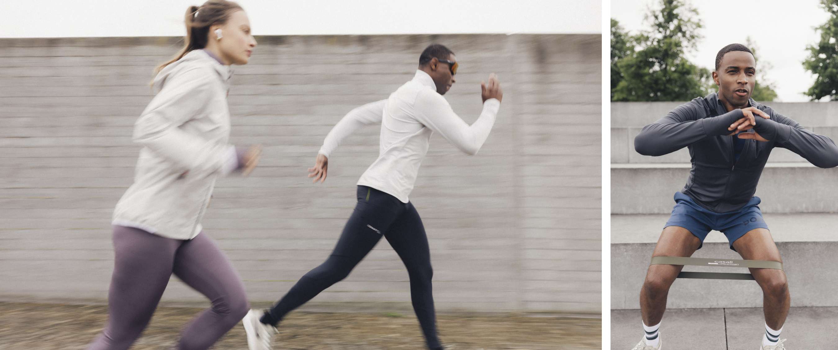 Deux images : coureuse en mouvement et sportif avec bande de résistance à l’entraînement.