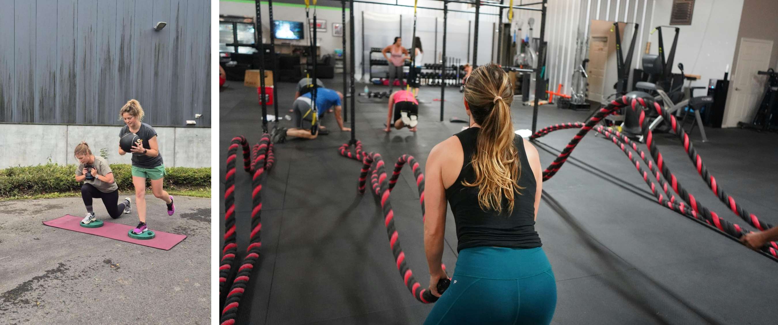 Deux images : exercices de force sur tapis et entraînement intérieur avec cordes.
