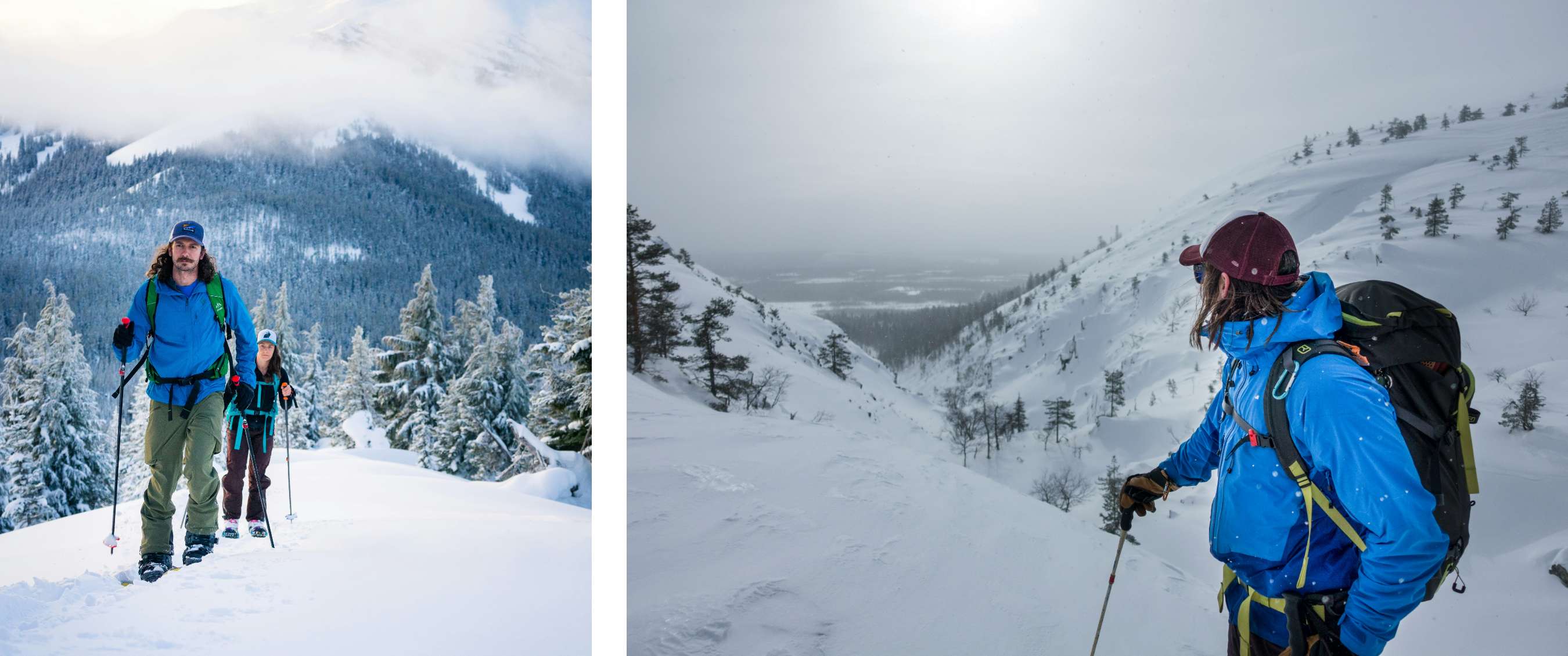 Deux randonneurs en montagne marchent dans un paysage enneigé.