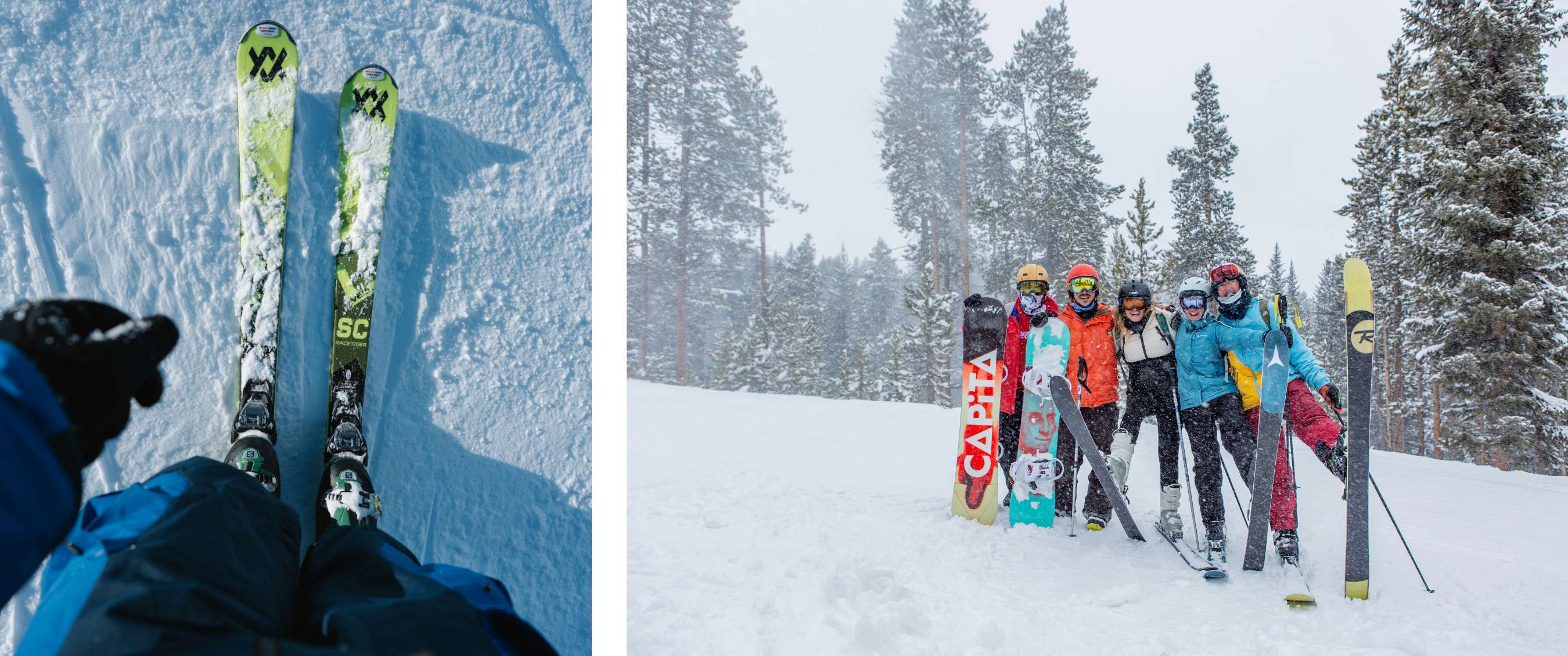 Deux images : Vue du dessus sur des skis dans la neige ; groupe de skieurs et snowboardeurs dans une forêt enneigée.