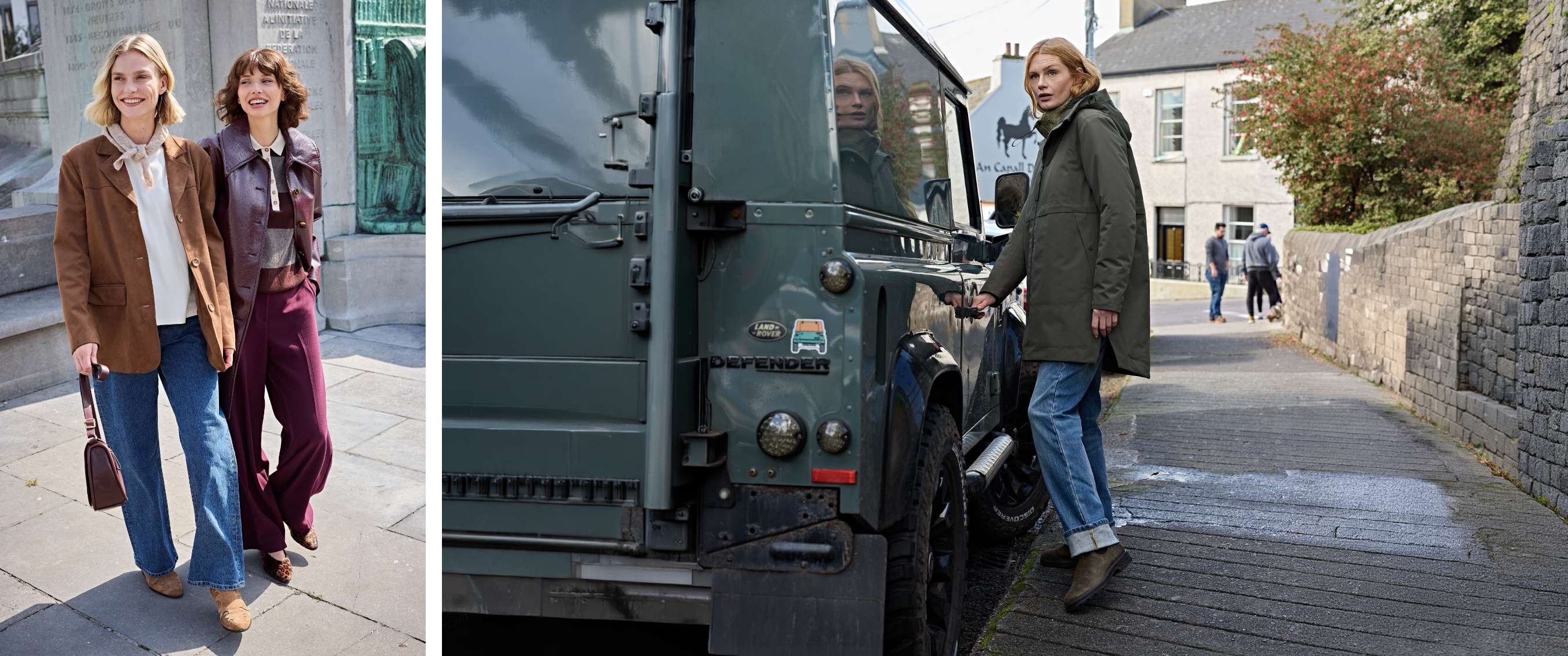 Femme en jean retroussé près d’un Land Rover Defender vert, la main sur la poignée.