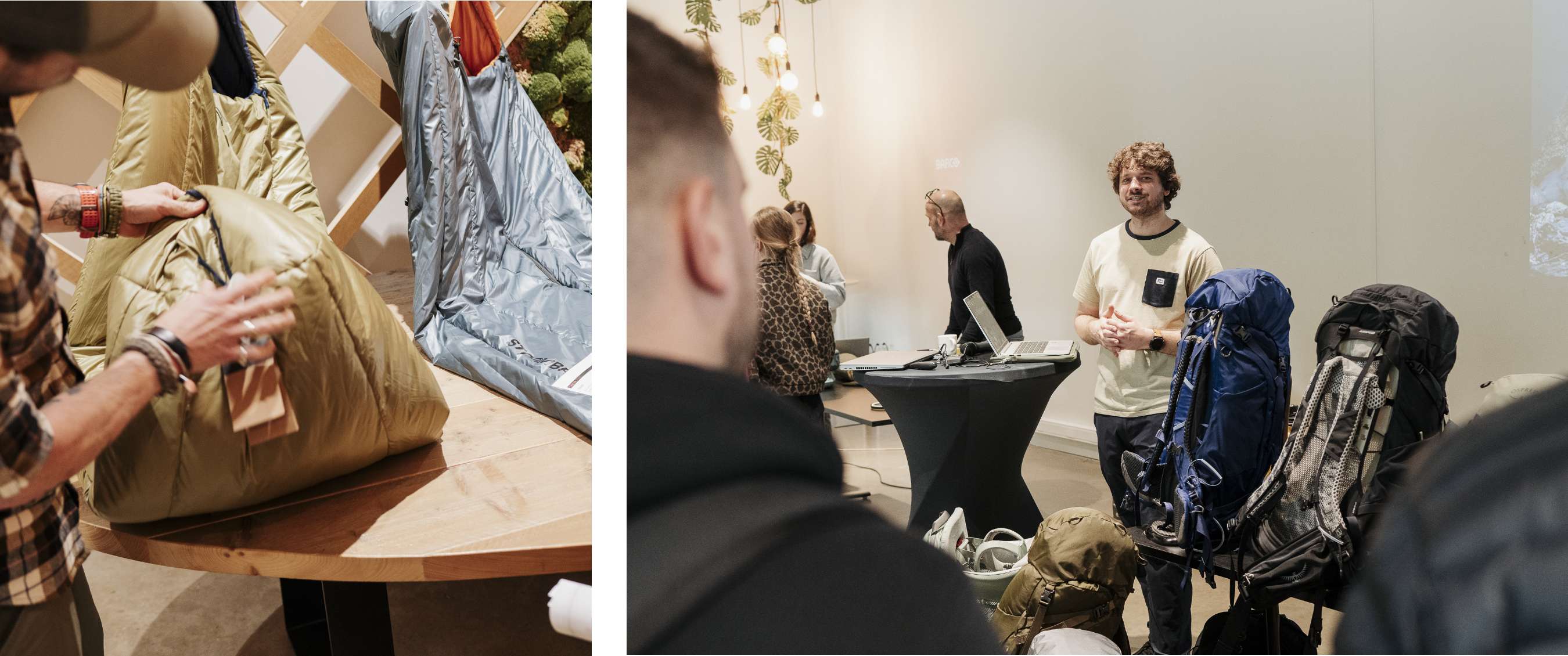 Deux images : démonstration d’un sac de couchage en gros plan ; intervenant devant un groupe près de sacs à dos et d’équipement.